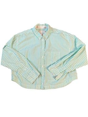 American Eagle Boxy Fit Button Down Green Stripe Cropped Casual Shirt